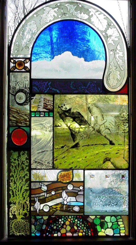 this stained glass art panel uses  a breughel drawing, root cells clouds and similar images to show the ecycle of seasons