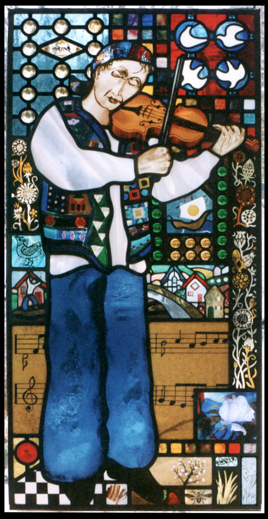  stained glass window, GYPSY FIDDLER, with a gypsy violinist set in a psychedelic collage style images of dreams and memories has the rapture of music as the theme