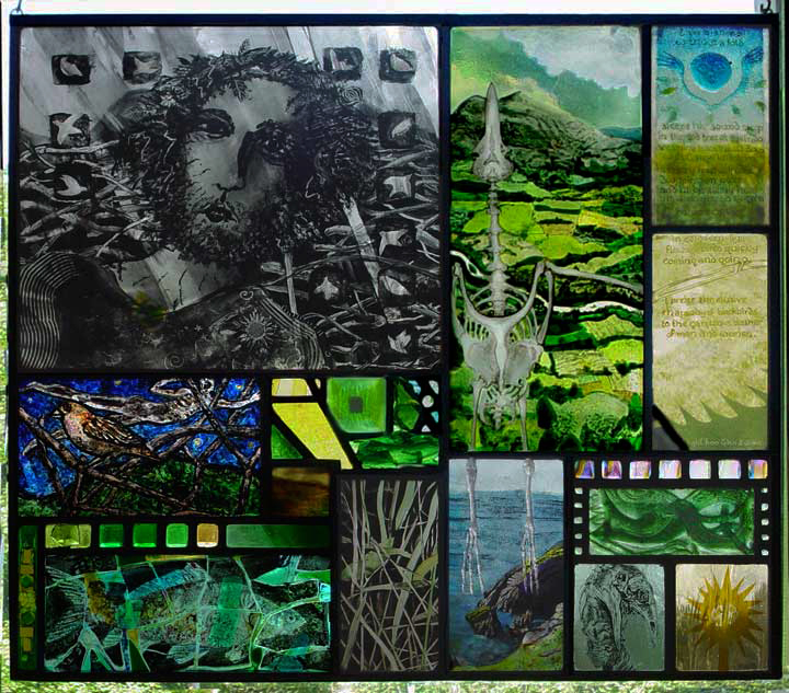 This art glass panel is inspired by Seamus Heaney's translation of Sweeny Astray, a poem about the natural world of Ireland, madness and flight