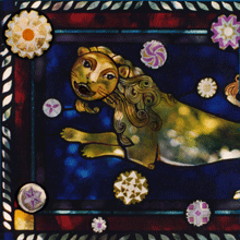 Stained Glass image with a lion among the stars in a  medieval style with modern elements