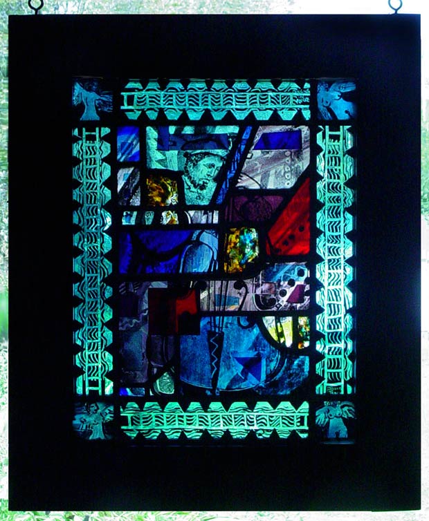 abstract stained glass window showing Charles Mingus playing Bass in blue tone intersected with patches of warm colors